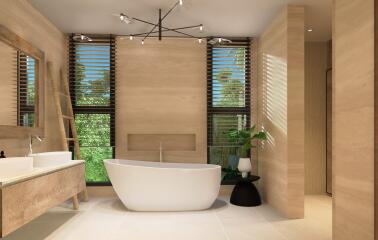 Modern bathroom with freestanding tub and large windows