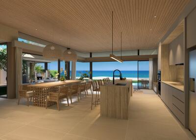 Modern kitchen and dining area with ocean view