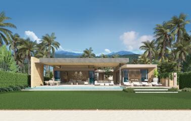 Modern beachfront villa with pool and palm trees