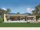 Modern beachfront villa with pool and palm trees