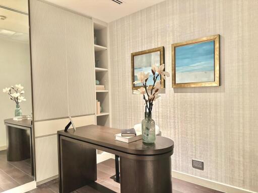 Modern study with desk and decorative elements