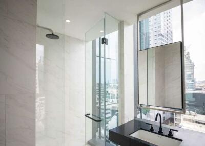 Modern bathroom with shower and city view