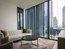 Modern living room with large window and city view