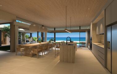 Modern kitchen with ocean view and wooden ceilings