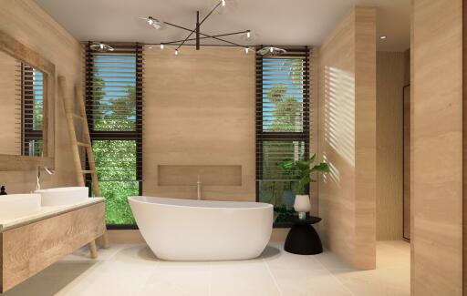 Modern bathroom with bathtub, large windows, and stylish lighting