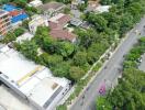 Aerial view of a neighborhood with buildings and greenery