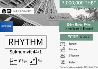 Building exterior with details about the RHYTHM Sukhumvit 44/1 property including contact information and features.