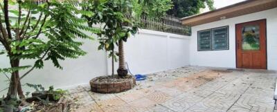 Outdoor patio with trees and tiled flooring