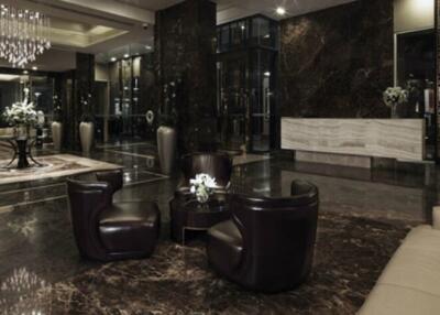 Luxurious lobby with modern furniture and chandeliers