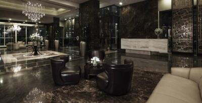 Luxurious lobby with modern furniture and chandeliers