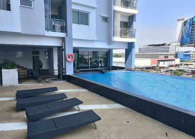 Outdoor swimming pool area in a modern residential building