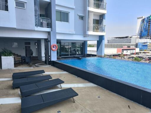 Outdoor swimming pool area in a modern residential building