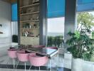 Modern dining area with glass table and pink chairs