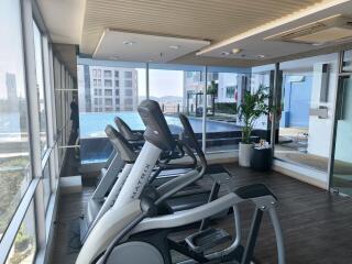 Modern gym with cardio equipment and pool view