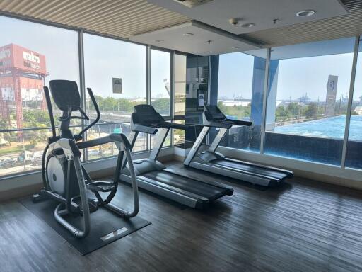 Well-equipped gym with cardio machines and panoramic view