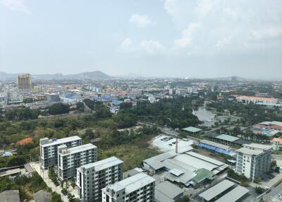 Aerial view of city buildings and landscape