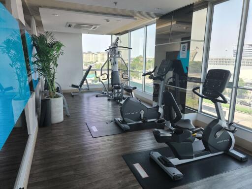 Modern gym with various exercise equipment and large windows.