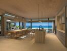 Modern kitchen with ocean view, island, and dining area