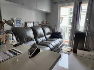 Modern living room with leather sofa and natural light