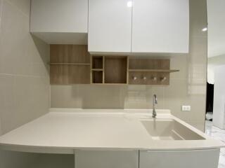 Modern minimalistic kitchen with white countertops and shelving