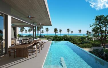 Luxurious outdoor patio with dining area and infinity pool overlooking the ocean