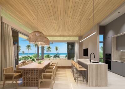 Modern open-plan kitchen and dining area with ocean view