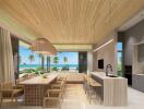 Modern open-plan kitchen and dining area with ocean view