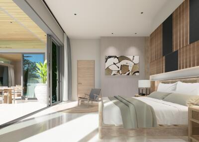 Spacious bedroom with modern decor and large glass door leading to a patio