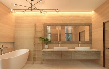 Modern bathroom with dual sinks and a bathtub