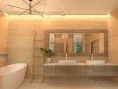 Modern bathroom with dual sinks and a bathtub