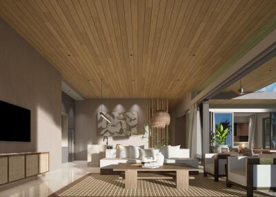 Modern spacious living room with wooden ceiling and large windows.