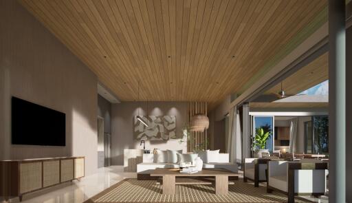 Modern spacious living room with wooden ceiling and large windows.