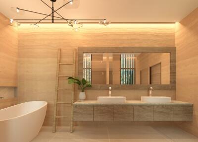 Modern bathroom with dual sinks and bathtub