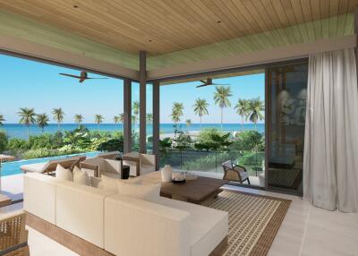 Modern living room with ocean view and a spacious outdoor terrace