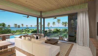 Modern living room with ocean view and a spacious outdoor terrace