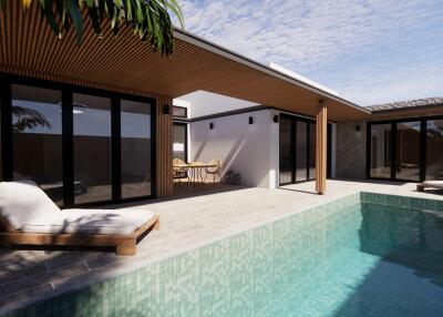 Modern house with pool and lounge chairs