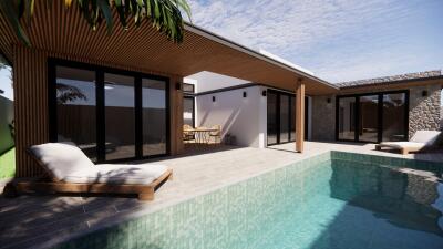 Modern house with pool and lounge chairs