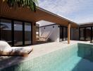 Modern house with pool and lounge chairs