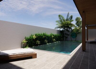 Modern outdoor pool area with lounge chairs and greenery