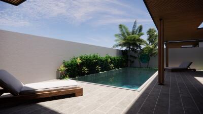 Modern outdoor pool area with lounge chairs and greenery