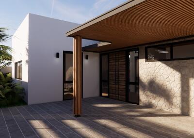 Modern house exterior with stone accent wall and wooden patio cover