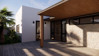 Modern house exterior with stone accent wall and wooden patio cover