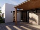 Modern house exterior with stone accent wall and wooden patio cover