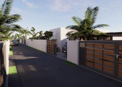 Street view with houses and palm trees