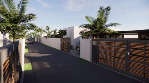 Street view with houses and palm trees