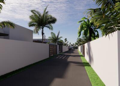 Gated driveway lined with palm trees