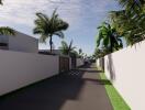 Gated driveway lined with palm trees