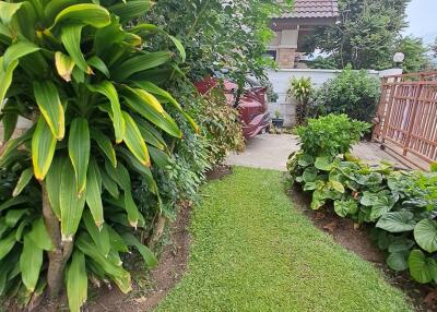 View of a garden path with lush greenery leading to a house