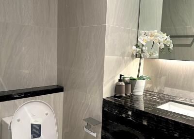 Modern bathroom with large mirror and black countertop