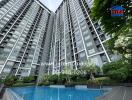 High-rise residential buildings with a swimming pool